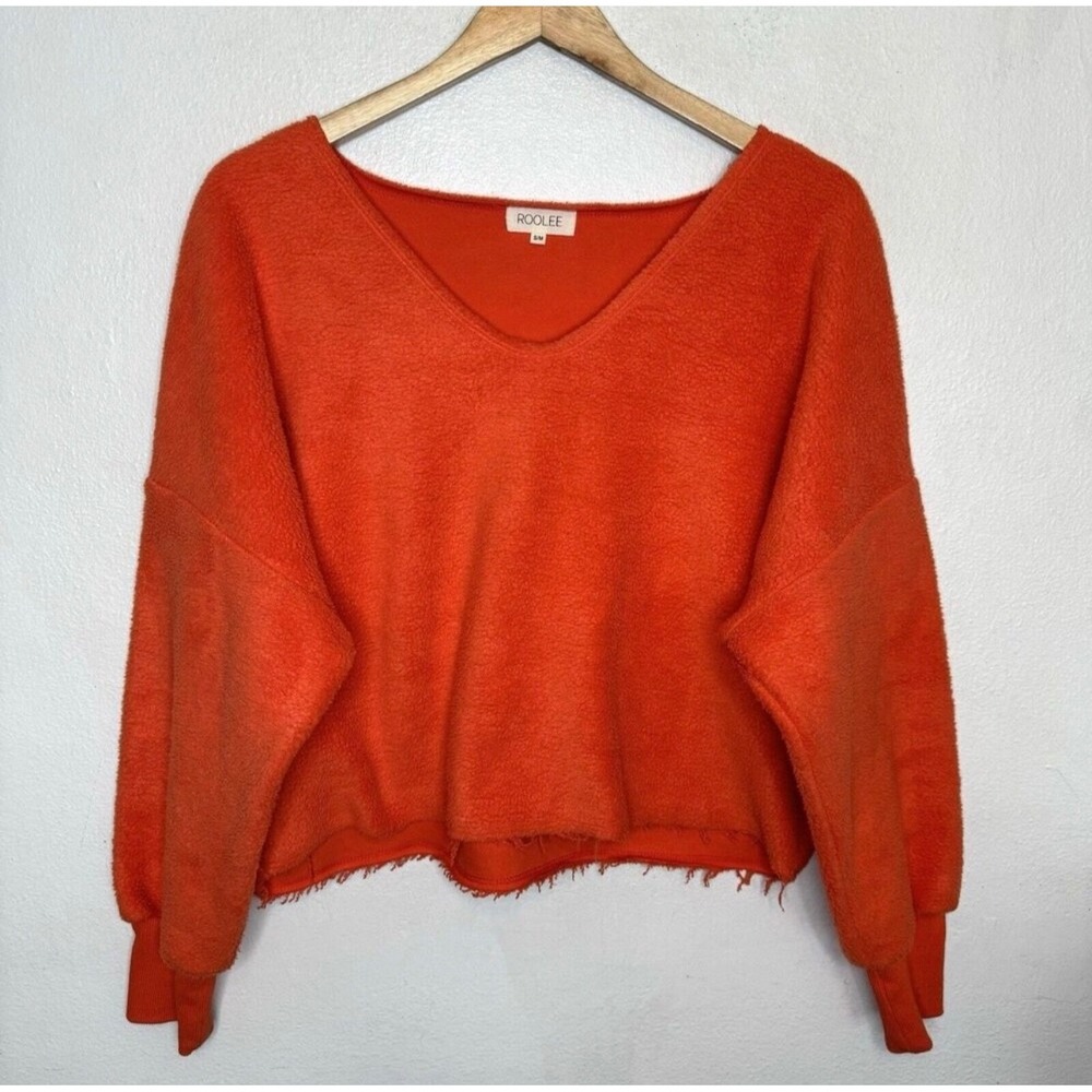 Roolee‎ Women's Small Medium Cropped Orange Sweater Raw Hem Fleece Cozy Fall Top